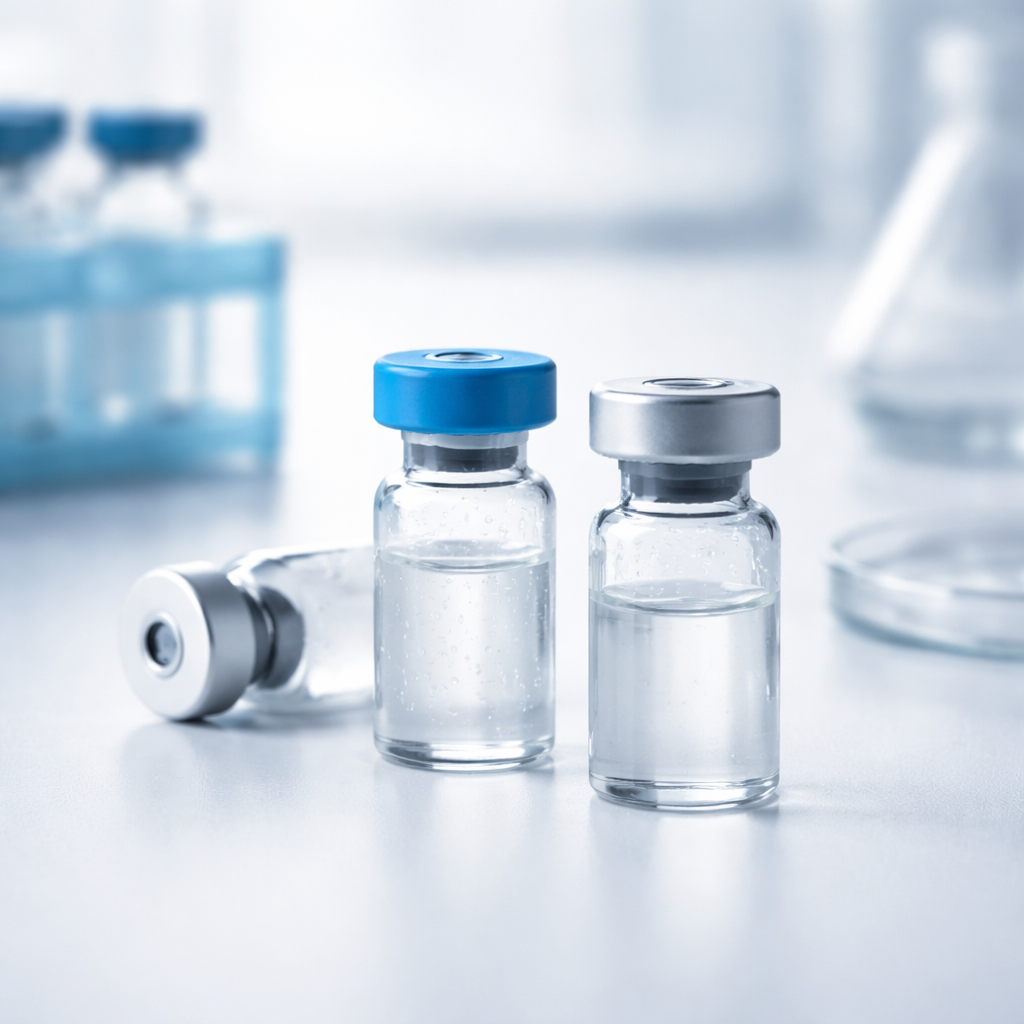 Laboratory vials with clear liquid in a sterile environment, cool blue white lighting.