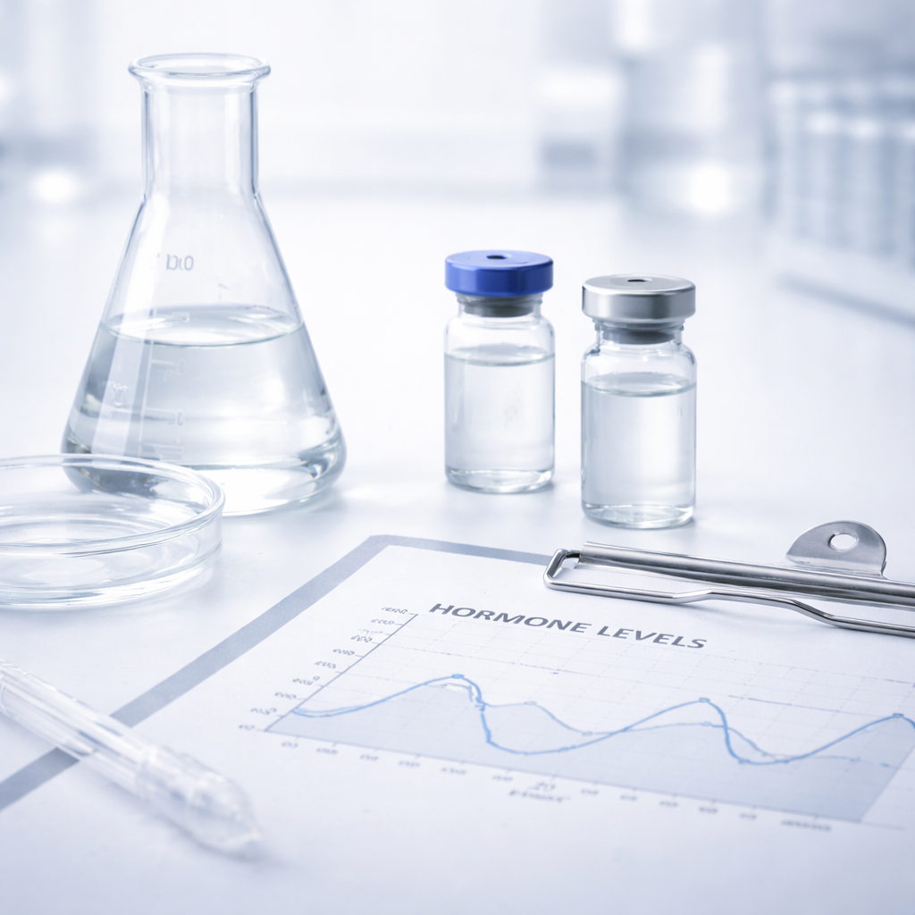 Symmetrical laboratory arrangement with glass containers and clear liquid.