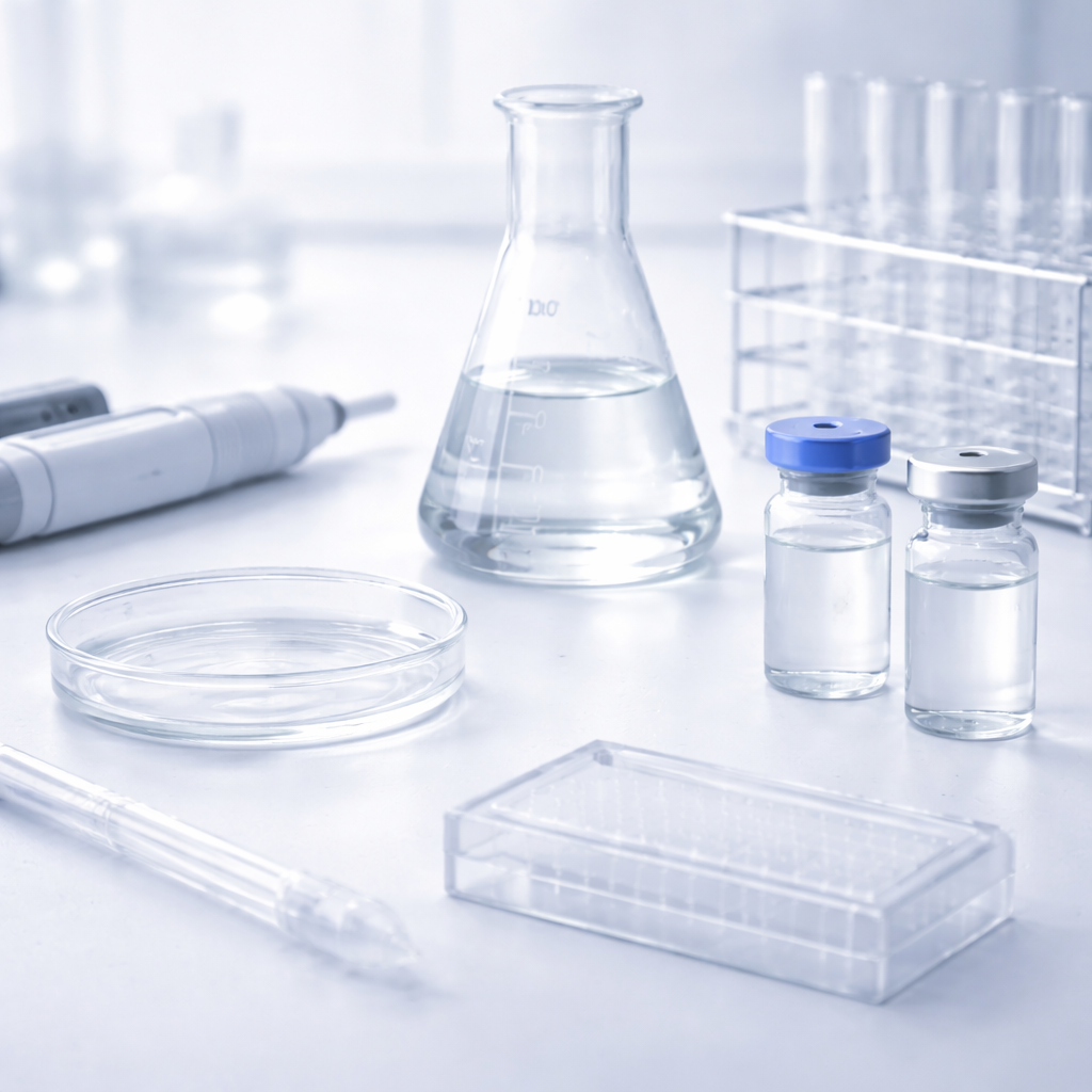 Neutral laboratory equipment on a clean work surface under cool lighting.