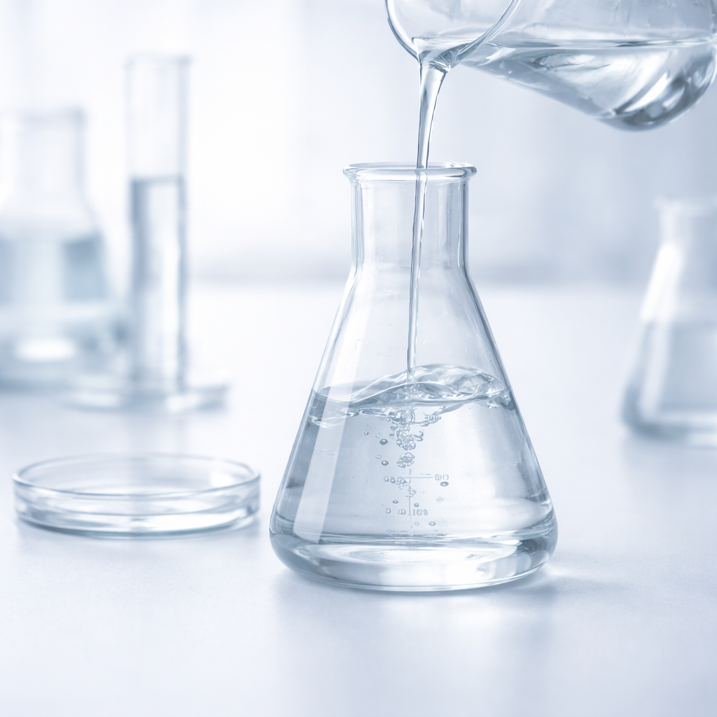 Laboratory glassware with clear liquid and gentle flow on a sterile surface.