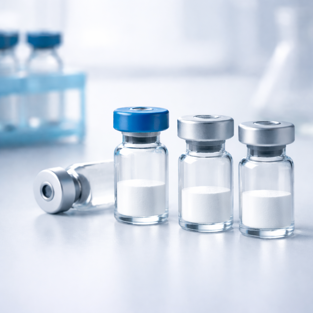 Glass peptide vials containing a flat, uniform layer of freeze-dried white powder on a clean laboratory surface.