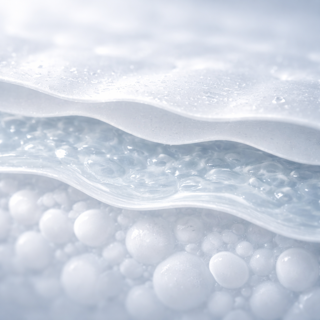 Layered matte structures with shallow focus and clinical appearance.